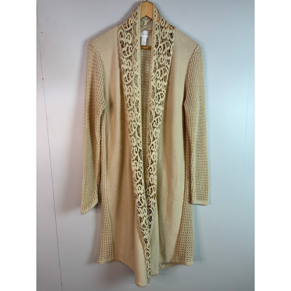 Chico's Cardigan Size 1 Women's Medium Cream Lace Trim Open Front Longline